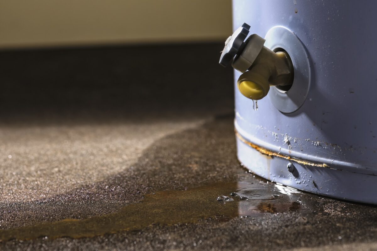 Water leaking from the faucet on a residential electric water heater sitting on a concrete floor.