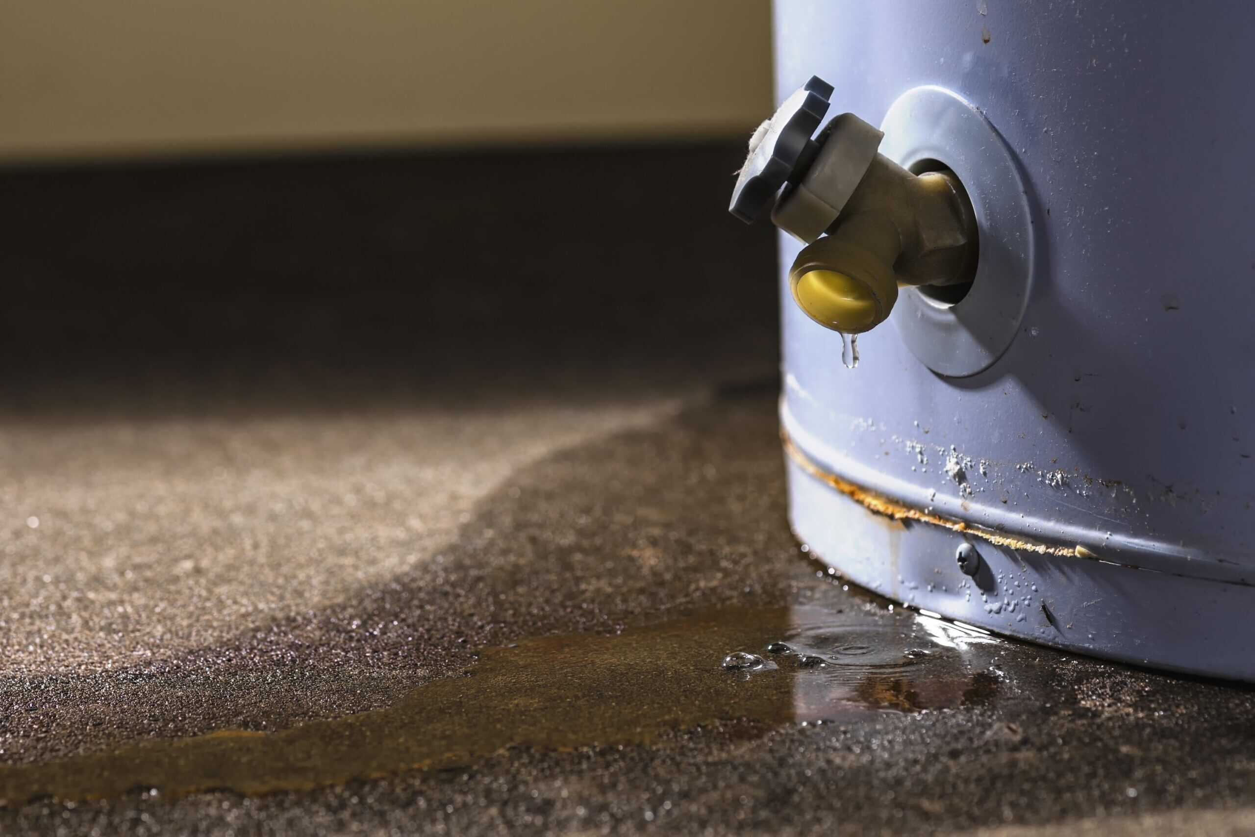 Water leaking from the faucet on a residential electric water heater sitting on a concrete floor.